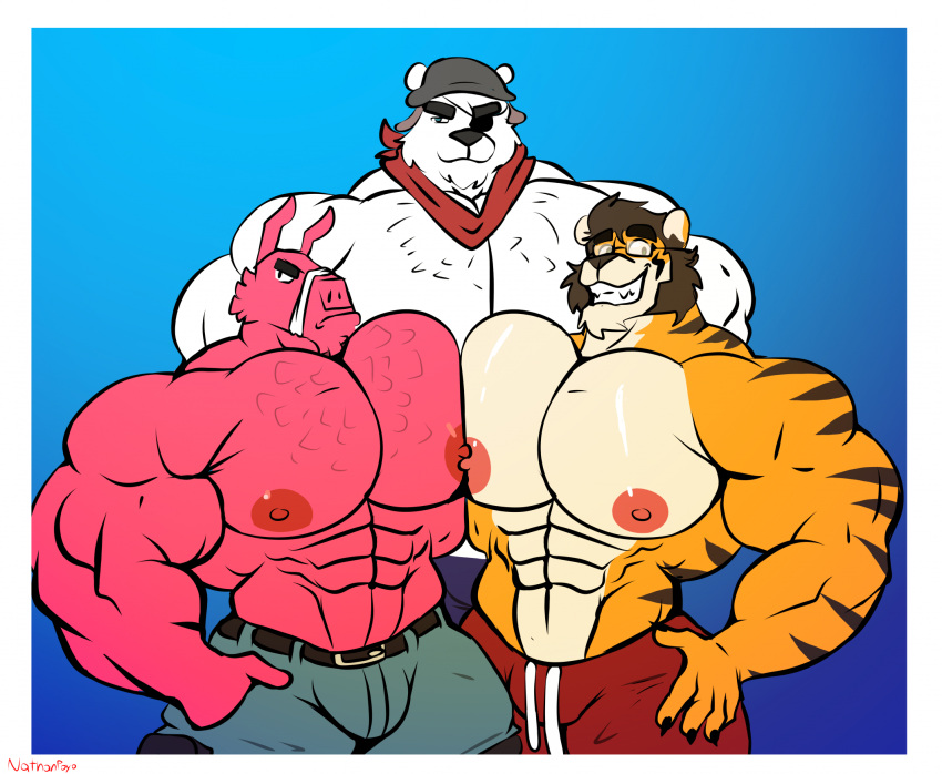 abs animate_inanimate anthro bandage bear big_pecs blue_background bottomwear brown_hair brown_stripes bulge camelid clothed clothing epic_games eye_patch eyewear felid fortnite fur glasses gradient_background group hair hand_on_hip hi_res living_pinata llama looking_at_viewer lt._john_llama male mammal muscular muscular_anthro muscular_male nathanlepoyo nipples orange_body orange_fur pantherine pecs pecs_touching pinata pink_body pink_fur pink_nipples polar_bear polar_patroller red_scarf scarf shorts simple_background smile stripes teeth tiger topless trio tufted_fur ursine white_body white_fur