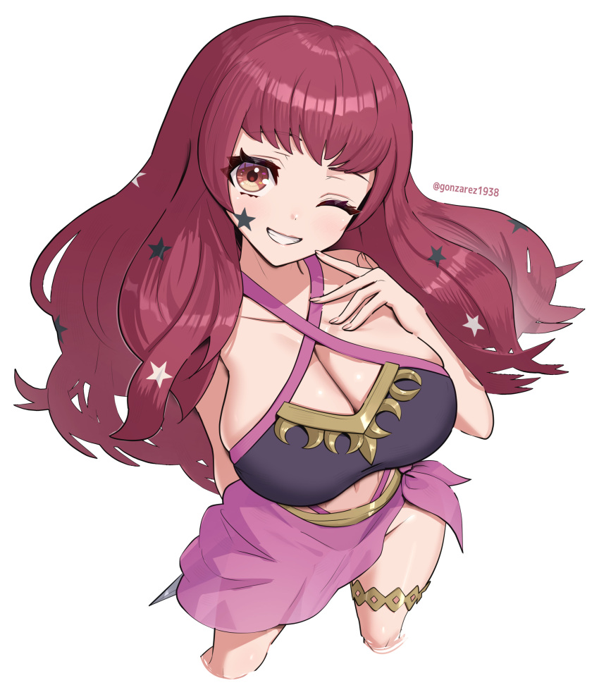 1girl bikini black_bikini breasts cleavage commentary_request fingernails fire_emblem fire_emblem_engage gonzarez grin hair_ornament highres holding holding_weapon kunai large_breasts long_hair looking_at_viewer navel official_alternate_costume one_eye_closed red_eyes red_hair sarong simple_background smile solo star_(symbol) star_hair_ornament swimsuit teeth twitter_username weapon white_background yunaka_(fire_emblem)