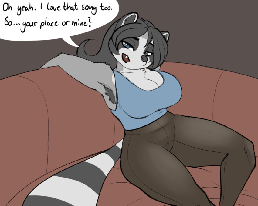 anthro armpit_hair big_breasts blackbetty body_hair bottomwear breasts cleavage clothed clothing female franciene_(tango's_family) hair looking_at_viewer mammal pants procyonid raccoon simple_background smile solo text thick_thighs yoga_pants
