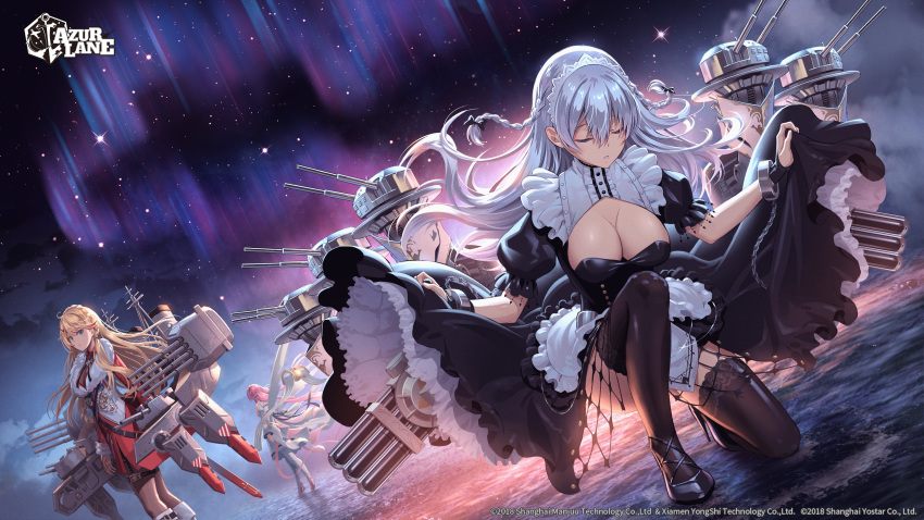 3girls absurdres angel_wings apron aurora azur_lane black_dress black_footwear blonde_hair braid breasts cannon center_frills cleavage cleavage_cutout closed_eyes clothes_lift clothing_cutout crown_braid dress dutch_angle frilled_apron frills grey_hair hair_between_eyes hermione_(azur_lane) high_heels highres howe_(azur_lane) large_breasts long_hair looking_to_the_side machinery maid maid_apron maid_headdress multiple_girls night night_sky official_art on_one_knee pantyhose perseus_(azur_lane) pinakes pink_hair puffy_sleeves red_dress rigging skirt skirt_lift sky standing star_(sky) starry_sky thighhighs turret waist_apron water white_apron white_dress white_footwear white_thighhighs wings