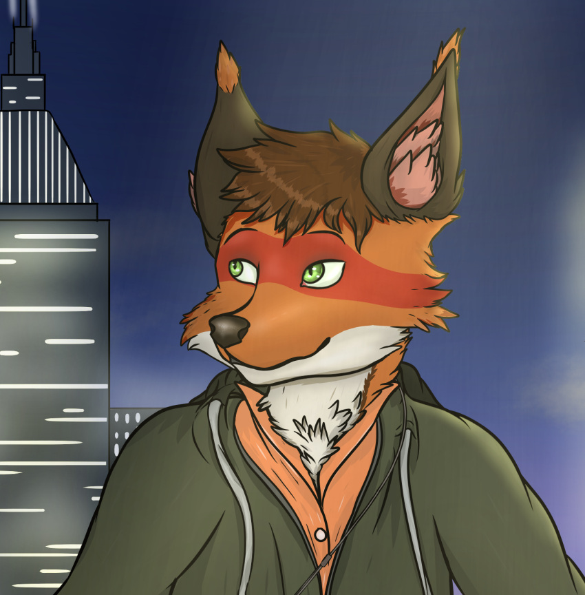 anthro canid canine city city_background clothing fox green_eyes hi_res inner_ear_fluff jacket lights male mammal portrait red_fox shirt smile solo thux-ei topwear tower tuft