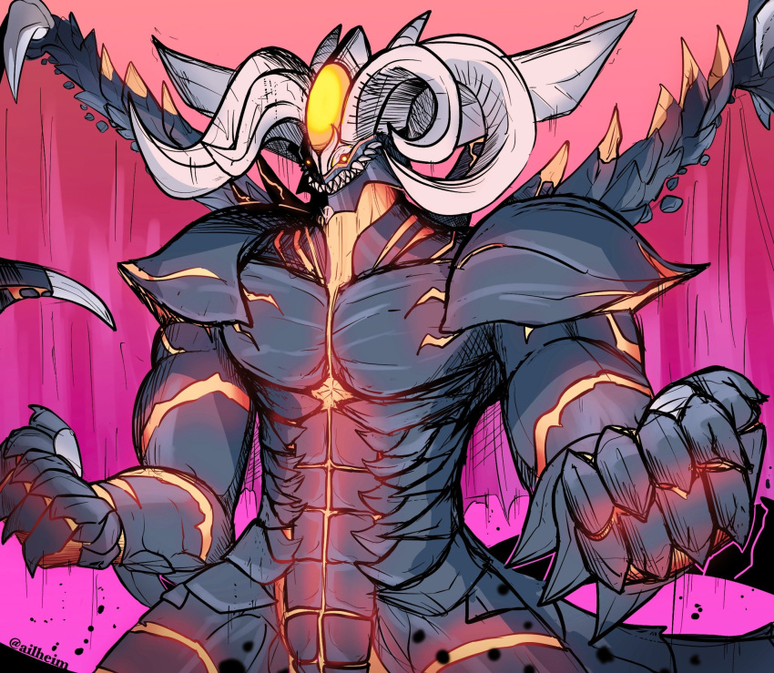 abs ailheim anthro artist_name biceps claws demon digital_media_(artwork) dragon fire_emblem fire_emblem_sacred_stones fist fomortiis glowing hi_res horn looking_at_viewer male membrane_(anatomy) membranous_wings muscular muscular_anthro muscular_male nintendo pecs scalie signature simple_background solo spikes spikes_(anatomy) tail teeth triceps wings