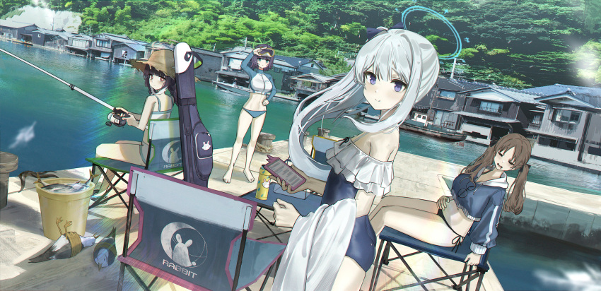 4girls absurdres bare_shoulders bird blue_archive blue_eyes bottle breasts brown_hair building cellphone chair crop_top drooling dutch_angle fishing_rod geki_dan goggles goggles_on_head halo hat highres holding holding_fishing_rod holding_phone large_breasts looking_at_viewer miyako_(blue_archive) miyako_(swimsuit)_(blue_archive) miyu_(blue_archive) miyu_(swimsuit)_(blue_archive) moe_(blue_archive) moe_(swimsuit)_(blue_archive) multiple_girls navel one-piece_swimsuit outdoors phone pier purple_eyes saki_(blue_archive) saki_(swimsuit)_(blue_archive) sitting sleeping smartphone standing straw_hat swimsuit tentacles thighs tree twintails water water_bottle white_hair