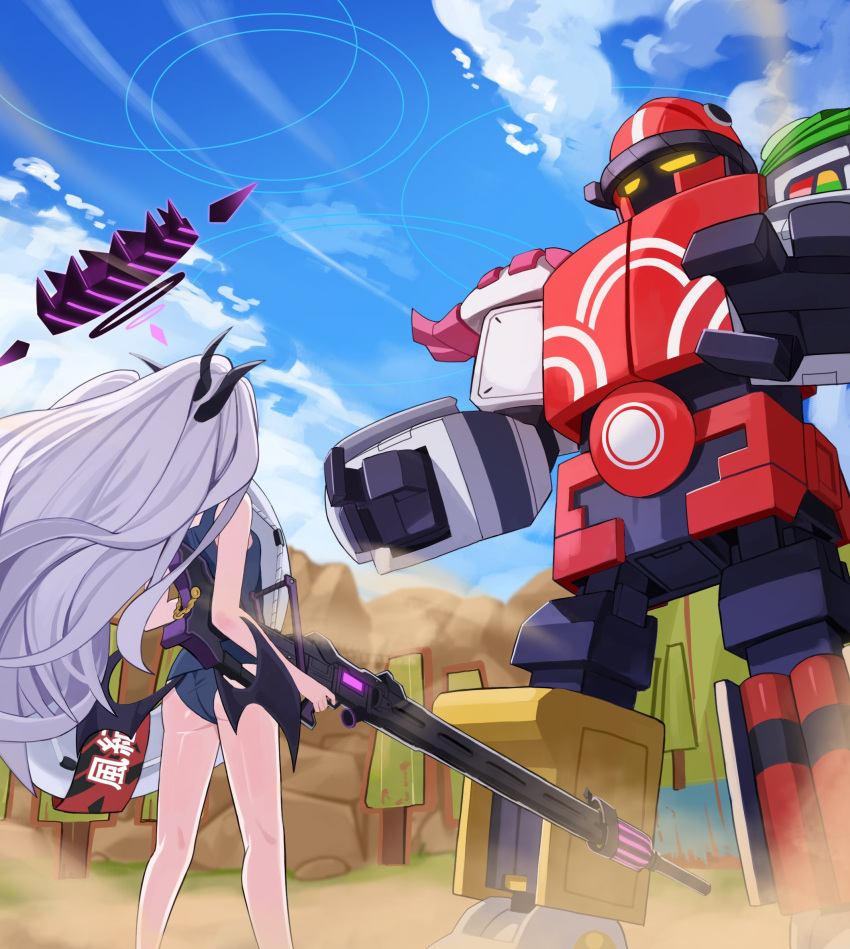 1girl ass back battle blue_archive blue_sky blurry cloud cloudy_sky commentary ddog demon_girl demon_horns demon_wings depth_of_field finger_on_trigger from_behind gun halo highres hina_(blue_archive) hina_(swimsuit)_(blue_archive) holding holding_gun holding_weapon horns kaiten_fx_mk.0_(blue_archive) kneepits lifebuoy long_hair looking_at_another machine_gun mecha mg42 official_alternate_costume old_school_swimsuit robot school_swimsuit sidelocks sky sleeveless swimsuit weapon white_hair wind wings