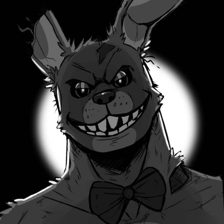 1:1 anthro bow_tie bust_portrait cheek_tuft facial_tuft five_nights_at_freddy's five_nights_at_freddy's_3 front_view grin hi_res imperatorcaesar lagomorph leporid long_ears looking_at_viewer male mammal monochrome narrowed_eyes notched_ear portrait rabbit scottgames simple_background smile solo springtrap_(fnaf) tuft