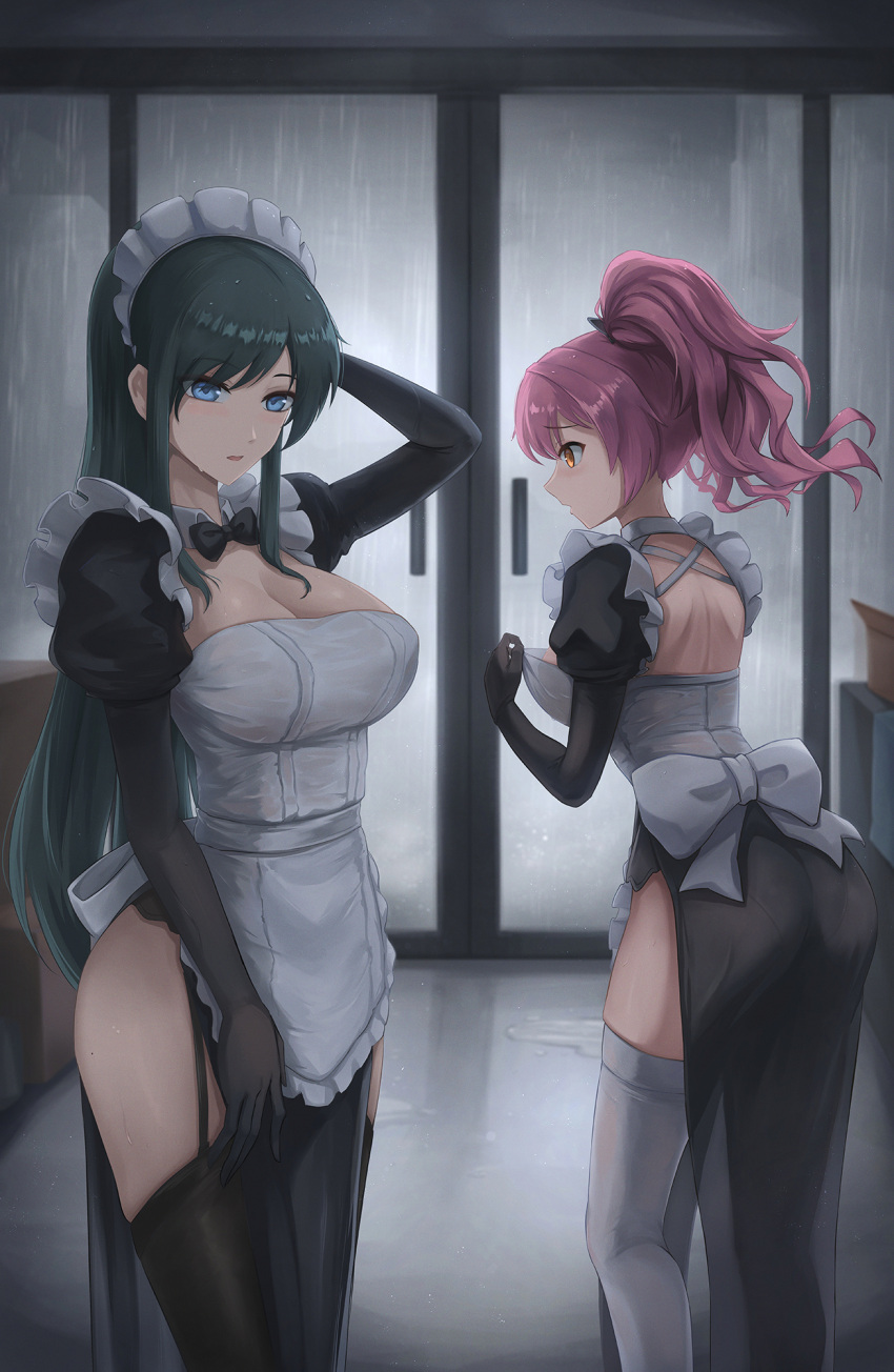 2girls apron ass black_bow black_bowtie black_dress black_garter_straps black_hair black_thighhighs blue_eyes bow bowtie breasts cleavage clothes_pull commentary detached_collar dress dress_pull elbow_gloves facing_to_the_side garter_straps gloves hand_in_own_hair highres indoors large_breasts long_hair looking_at_viewer maid maid_apron maid_headdress multiple_girls open_mouth orange_eyes original pelvic_curtain pink_hair rain side_slit skyde_kei thighhighs twintails wet wet_clothes white_apron white_thighhighs