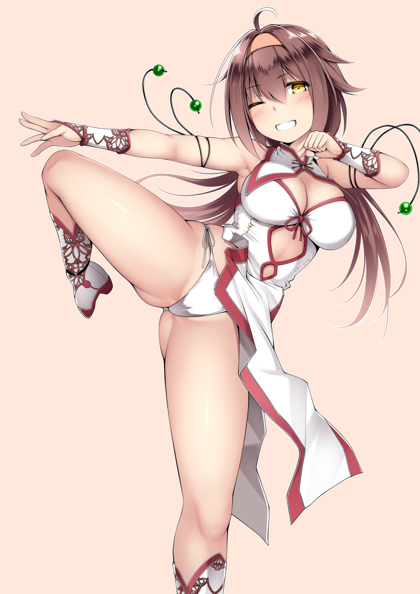 1girl absurdres ahoge alternate_costume ass_visible_through_thighs blush breasts brown_hair china_dress chinese_clothes cleavage dress groin hairband highres kantai_collection kuromayu leg_up long_hair looking_at_viewer medium_breasts one_eye_closed orange_hairband panties shiratsuyu_(kancolle) short_hair side-tie_panties simple_background sleeveless sleeveless_dress solo standing standing_on_one_leg underwear white_dress white_panties