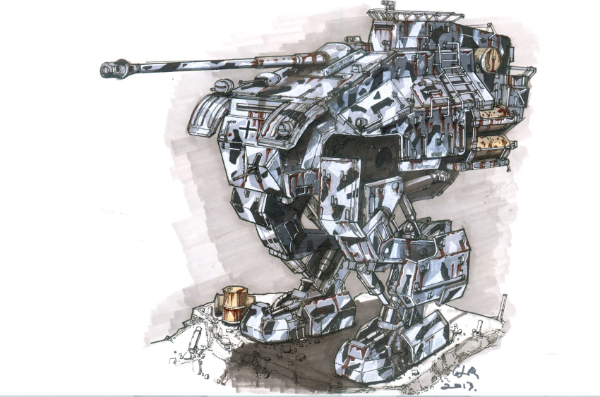 absurdres alternate_universe balkenkreuz camouflage cannon chenlongque concept_art cross english_commentary germany gun highres light machine_gun machinery mecha military military_vehicle original robot science_fiction the_man_in_the_high_castle weapon wehrmacht wolfenstein_(series) world_war_ii