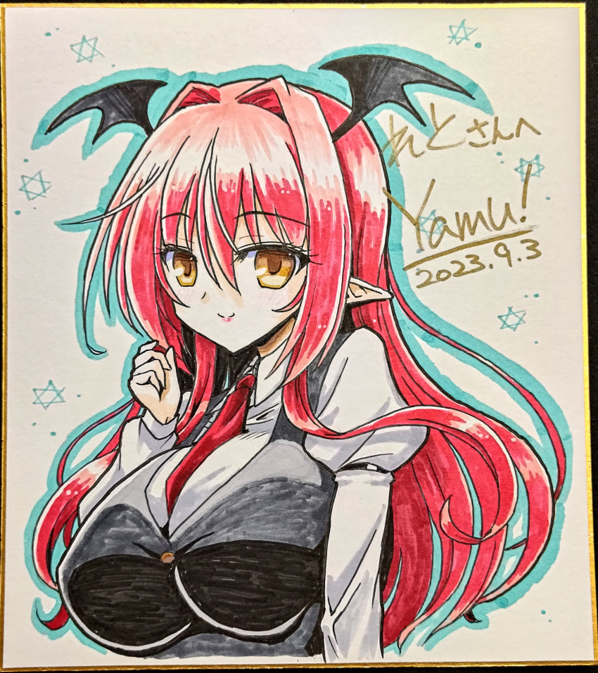 absurdres alternate_eye_color arm_up armband artist_name bat_wings between_breasts black_armband black_vest blue_outline blush breasts buttons collared_shirt commentary_request commission cropped_torso dated dot_nose eyelashes hair_between_eyes hair_intakes head_wings hexagram highres juliet_sleeves koakuma large_breasts long_hair long_sleeves marker_(medium) necktie necktie_between_breasts outline pixiv_commission pointy_ears puffy_sleeves red_hair red_necktie shikishi shirt sidelocks simple_background smile split_mouth taut_clothes taut_vest touhou traditional_media translation_request upper_body vest white_background white_shirt wing_collar wings yamu_(reverse_noise) yellow_eyes