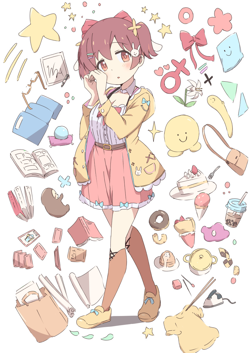 1girl absurdres alternate_costume alternate_hairstyle belt book brown_hair brown_socks bubble_tea c: cake cake_slice checkerboard_cookie chopsticks commentary cookie crepe doughnut flower food full_body glasses hair_ornament hairclip heart heart_hands highres jacket kaai_yuu kneehighs lily_(flower) looking_at_viewer murosaki_miyo onii-chan_wa_oshimai! pink_skirt rabbit_hair_ornament shirt shoes short_hair simple_background skirt smile socks solo star_(symbol) twintails venus_symbol white_background white_shirt yellow_footwear yellow_jacket yume_kawaii