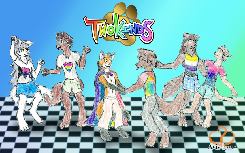 absurd_res anthro avis-ignis basitin brother_(lore) brown_body brown_fur brown_hair canid canine canis clothing domestic_dog evals female fox fur group hair hi_res human hybrid keith_keiser lgbt_pride male mammal mike_(twokinds) natani pride_color_accessory pride_colors raine_silverlock sibling_(lore) sister_(lore) smile standing trans_(lore) trans_man_(lore) twokinds webcomic webcomic_character white_hair wolf zen_(twokinds)