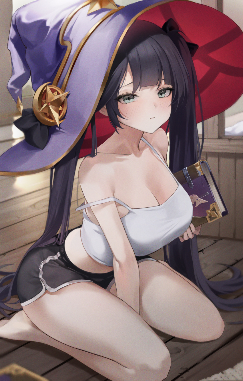1girl absurdres alternate_breast_size bare_shoulders black_hair black_shorts book breasts camisole cleavage closed_mouth collarbone genshin_impact green_eyes haku_(liiixixixiii) hat highres holding holding_book large_breasts long_hair mona_(genshin_impact) raised_eyebrows short_shorts shorts sitting solo strap_slip thighs twintails very_long_hair white_camisole witch_hat wooden_floor