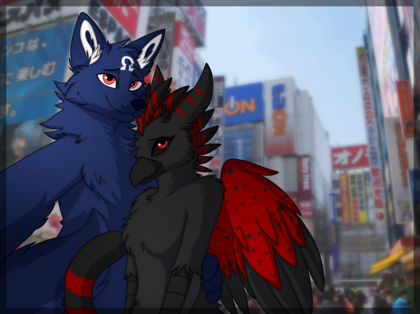 akihabara anthro avian canid canine canis duo female gryphon japan male male/female mammal mythological_avian mythology omega poppy_(disambiguation) ryelletibun selfie wolf