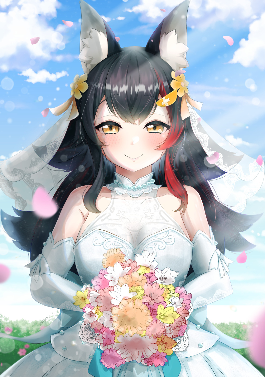 1girl absurdres animal_ear_fluff animal_ears black_hair blue_sky blush bouquet breasts bridal_veil cleavage cloud dress elbow_gloves flower gloves hair_flower hair_ornament hairpin highres holding holding_bouquet hololive large_breasts long_hair looking_at_viewer multicolored_hair ookami_mio payano_i red_hair see-through see-through_cleavage sky smile streaked_hair veil virtual_youtuber wedding_dress white_dress white_gloves wolf_ears wolf_girl yellow_eyes