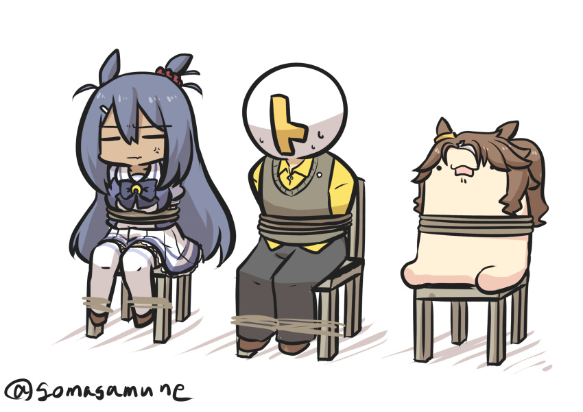 ._. 1girl absurdres anger_vein animal_ears arms_behind_back black_pants blue_bow blue_hair blue_shirt bound bow breasts brown_footwear brown_hair chair closed_eyes closed_mouth collared_shirt dark-skinned_female dark_skin goma_(gomasamune) hair_between_eyes highres hishi_amazon_(umamusume) horse_ears long_hair medium_breasts mejiro_palmer_(umamusume) multicolored_hair on_chair open_mouth pants parted_bangs pleated_skirt ponytail puffy_short_sleeves puffy_sleeves school_uniform shadow shirt shoes short_sleeves simple_background sitting skirt streaked_hair sweat t-head_trainer thighhighs tied_up_(nonsexual) tracen_school_uniform trainer_(umamusume) umamusume very_long_hair white_background white_hair white_skirt white_thighhighs yellow_shirt