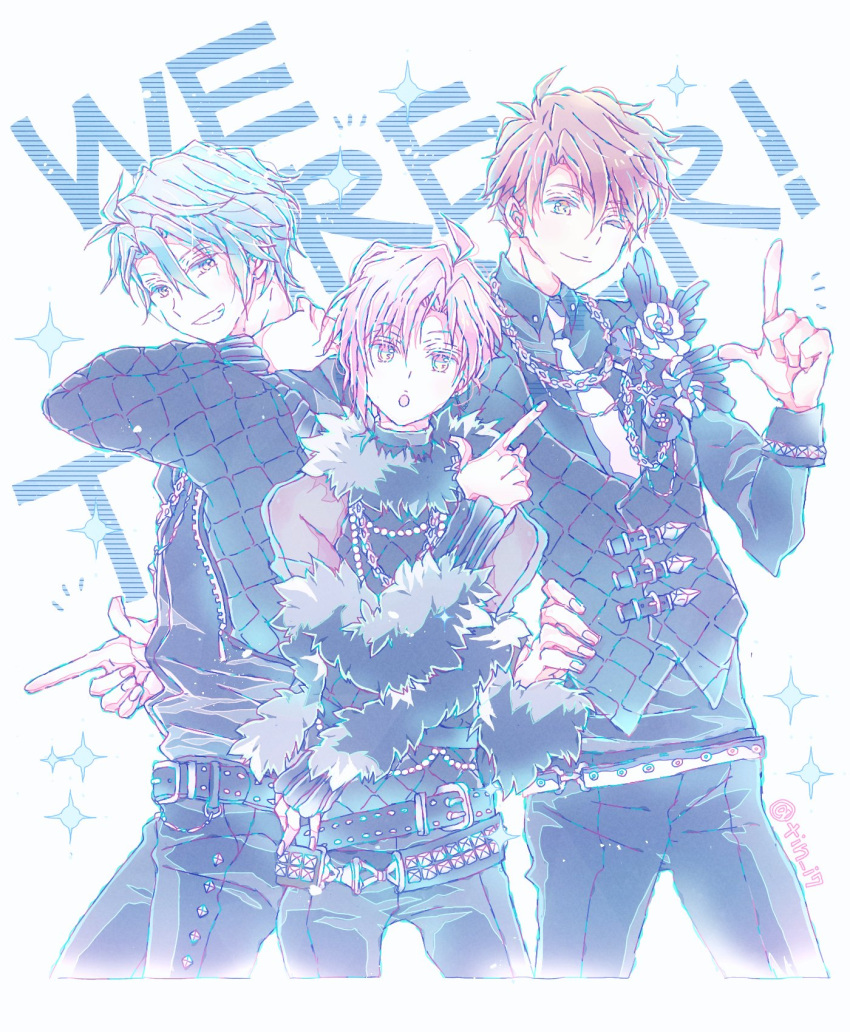 3boys :o ahoge brown_eyes brown_hair closed_mouth grey_background grey_hair highres idol_clothes idolish7 kujou_tenn long_sleeves multiple_boys one_eye_closed open_mouth pink_eyes pink_hair short_hair sketch smile teeth tin_i7 trigger_(idolish7) tsunashi_ryuunosuke yaotome_gaku yellow_eyes