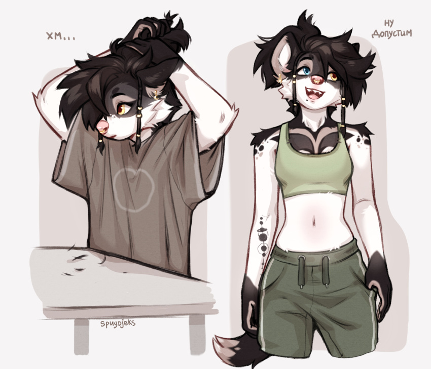 anthro black_hair blue_eyes clothed clothing female fur hair heterochromia hi_res mammal shirt simple_background solo sportswear spuydjeks topwear white_body white_fur yellow_eyes