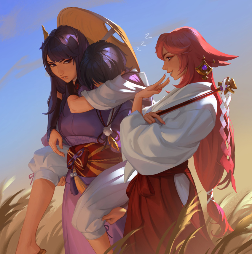 1boy 2girls absurdres aina_(mayexplode) animal_ears blue_sky bridal_gauntlets carrying earrings floppy_ears fox_ears genshin_impact grin hat highres japanese_clothes jewelry jingasa kimono miko multiple_girls obi obijime parted_bangs piggyback pink_hair purple_eyes purple_hair purple_kimono raiden_shogun sash scaramouche_(genshin_impact) sky sleeping smile wanderer_(genshin_impact) wheat_field wide_sleeves yae_miko