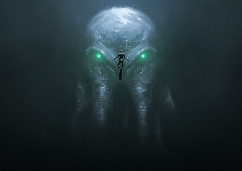 1other absurdres ambiguous_gender call_of_cthulhu cthulhu cthulhu_mythos facing_another from_behind glowing glowing_eyes green_eyes highres kalmahul looking_at_viewer monster tentacles underwater