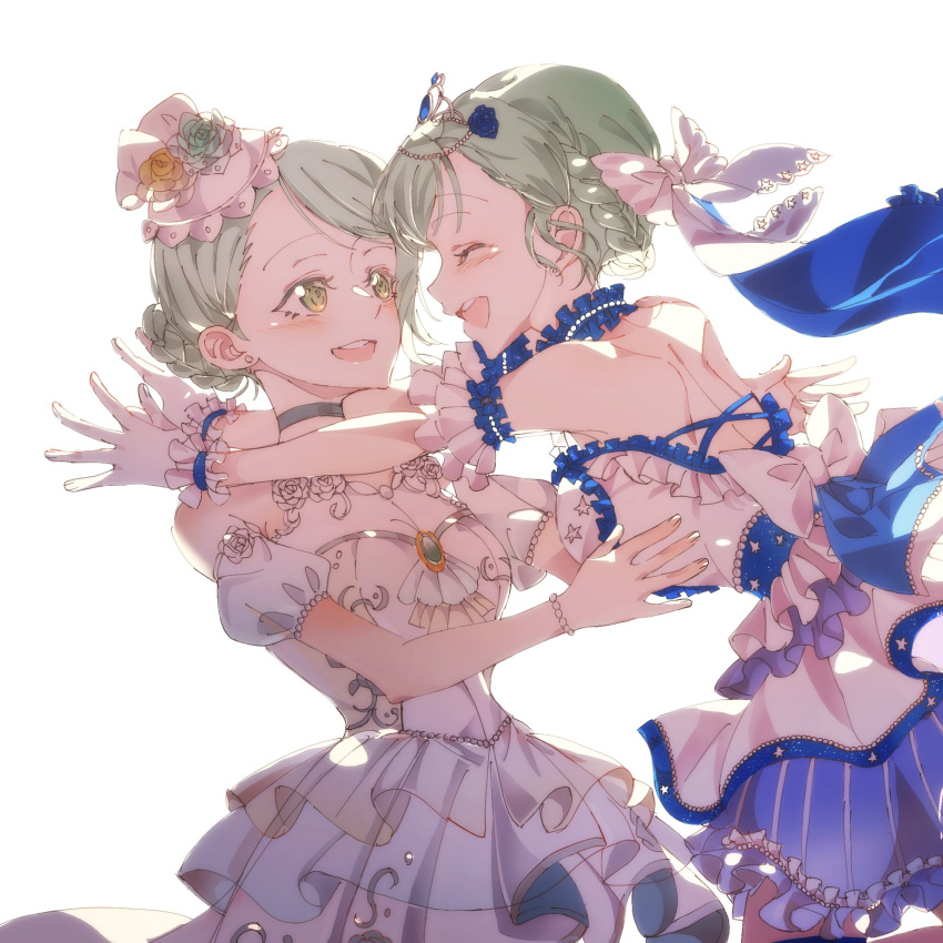 2girls bang_dream! blue_trim bow closed_eyes dress green_eyes green_hair grey_choker hair_bow highres hikawa_hina hikawa_sayo imminent_kiss incest junjun_(kimi-la) looking_at_another multiple_girls open_mouth siblings sisters smile tiara twincest twins wedding wedding_dress white_bow white_dress wrist_cuffs yuri