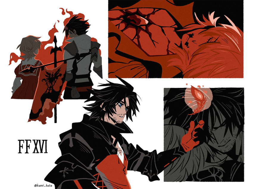 2boys armor black_cloak black_hair blonde_hair blue_eyes brothers clive_rosfield cloak closed_eyes coat facial_hair feathers final_fantasy final_fantasy_xvi flag gloves joshua_rosfield kuroihato male_focus medium_hair messy_hair multiple_boys parted_lips red_coat red_feathers red_gloves red_vest shirt shoulder_armor siblings stubble twitter_username vest white_shirt