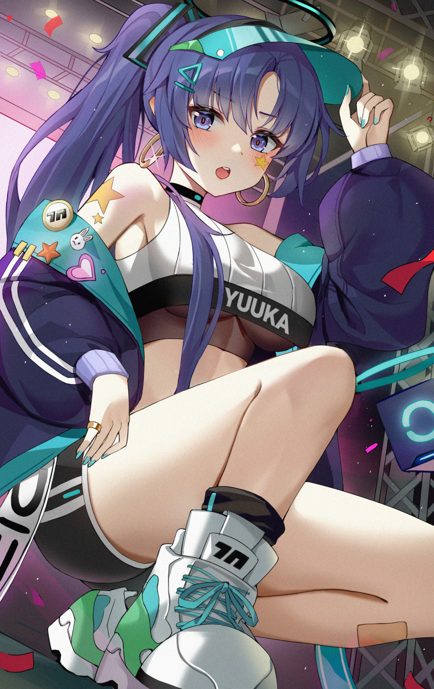 1girl absurdres alternate_costume black_jacket black_shorts blue_archive blush breasts clothes_writing commentary drone earrings gonggo halo highres hoop_earrings jacket jewelry long_hair long_sleeves looking_at_viewer mechanical_halo medium_breasts open_mouth purple_eyes purple_hair shoes shorts sneakers solo star_(symbol) visor_cap white_footwear yuuka_(blue_archive)