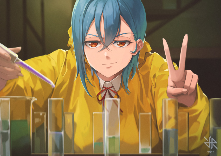 1girl 2023 artist_logo beaker blue_hair chemicals closed_mouth collared_shirt earrings english_commentary hair_between_eyes highres hiroki_ree holding_pipette jacket jewelry looking_at_viewer love_live! love_live!_superstar!! neck_ribbon orange_eyes pipette raincoat ribbon science shirt short_hair smirk solo stud_earrings upper_body v v-shaped_eyebrows wakana_shiki yellow_jacket yellow_raincoat