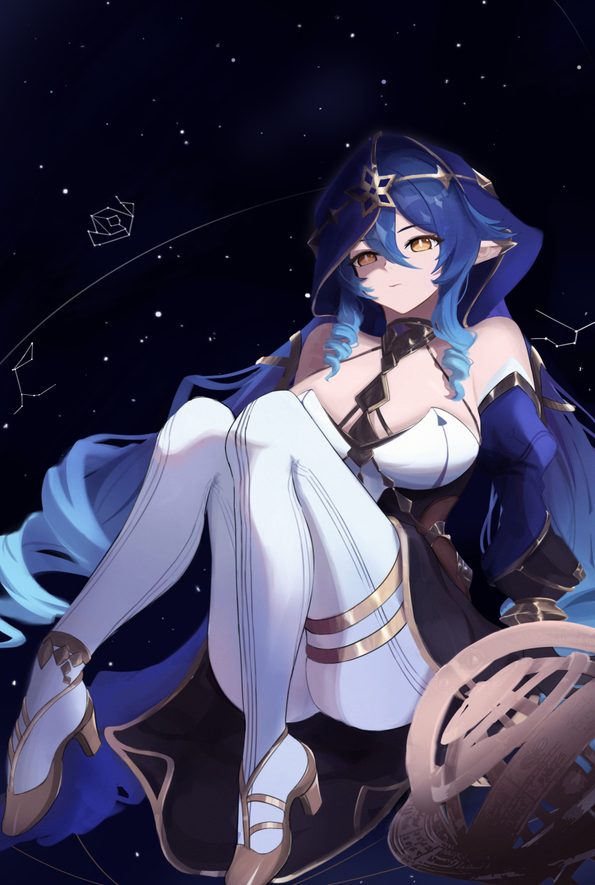 1girl absurdres blue_hair blue_hood blue_sleeves breasts detached_sleeves drill_hair drill_locks genshin_impact gold_choker gold_footwear high-waist_skirt highres hood hood_up jewelry large_breasts layla_(genshin_impact) long_hair neck_ring night night_sky pantyhose piaoyao pointy_ears ringlets skirt sky solo starry_background thigh_strap thighlet thighs twin_drills white_pantyhose yellow_eyes
