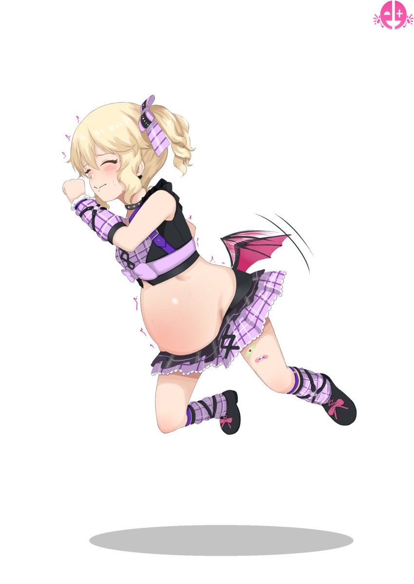 1girl :&gt; absurdres bandaid_on_thigh black_choker black_footwear blonde_hair blush bow checkered_clothes choker closed_eyes commentary crop_top demon_wings detached_sleeves flying full_body hair_bow highres idolmaster idolmaster_cinderella_girls low_wings medium_hair miniskirt mrhunking official_alternate_costume pregnant purple_bow purple_leg_warmers purple_shirt purple_skirt purple_sleeves sakurai_momoka shadow shirt sidelocks skirt solo thighs trembling twintails wavy_hair white_background wings