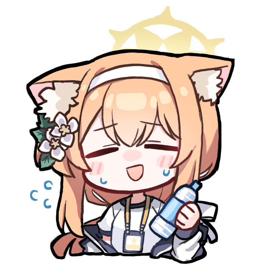 1girl absurdres animal_ears blue_archive bottle chibi closed_eyes commentary_request fox_ears halo highres korean_commentary looking_at_viewer mari_(blue_archive) mari_(track)_(blue_archive) orange_hair simple_background solo water_bottle white_background yanggaengwang