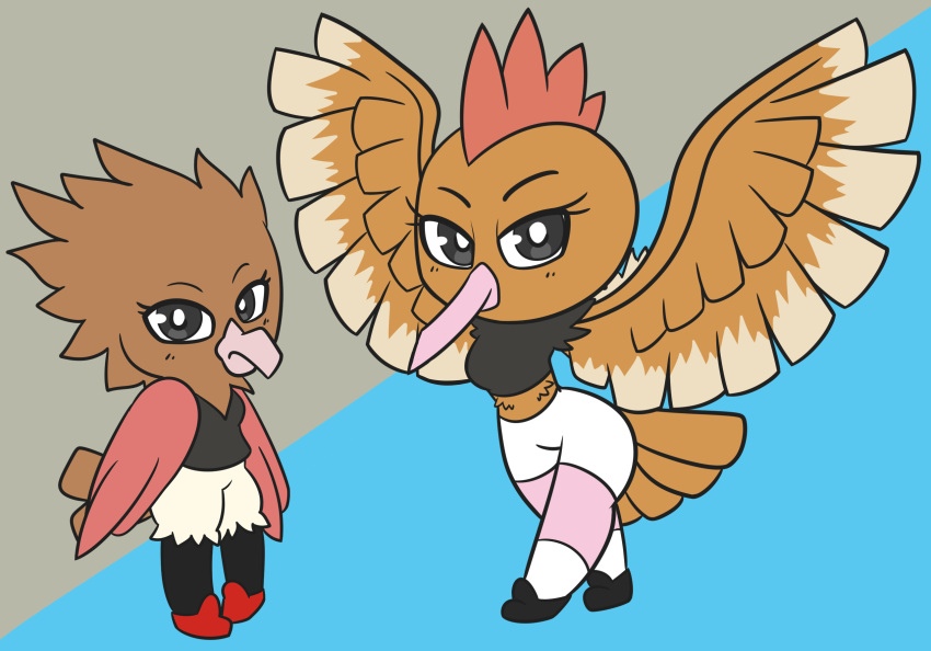 2020 anthro anthrofied avian belly_tuft big_eyes black_clothing black_crop_top black_eyes black_footwear black_legs black_shirt black_shoes black_topwear blue_background bottomwear breasts brown_body brown_feather_hair brown_feathers brown_hair brown_tail brown_tail_feathers brown_wings butt chibi clothed clothing crop_top crossed_legs cyan_background digital_media_(artwork) duo evolutionary_family eyelashes feather_hair feathered_wings feathers female footwear frown generation_1_pokemon grey_background hair head_tuft hi_res long_beak looking_at_viewer medium_breasts midriff mohawk multicolored_body multicolored_feathers mythrica neck_tuft nintendo non-mammal_breasts pants pidgeot pidgeotto pidgey pigeon_toed pink_beak pink_legs pokemon pokemon_(species) pokemorph pseudo_hair realistic_wings red_body red_clothing red_feather_hair red_feathers red_footwear red_hair red_shoes red_wings runway shirt shoes shorts simple_background sleeveless_shirt small_breasts smile socks spread_wings strutting tail tail_feathers tan_background tan_body tan_bottomwear tan_clothing tan_feathers tan_shorts tan_wings topwear torn_bottomwear torn_clothing torn_pants torn_shorts torn_sleeves tuft two_tone_body two_tone_feathers two_tone_wings v-neck white_body white_bottomwear white_clothing white_feathers white_footwear white_shorts white_socks winged_arms wings