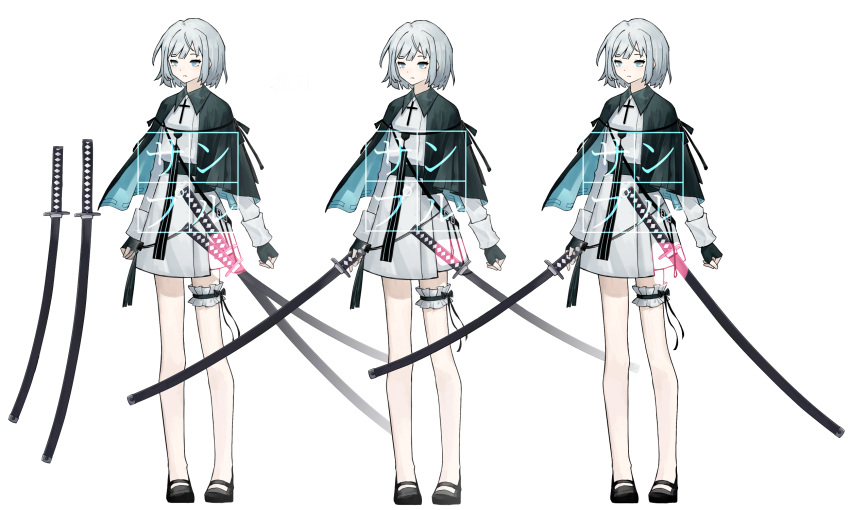 1girl as-zero belt black_belt black_cape black_footwear blue_eyes cape closed_mouth dress full_body highres katana library_of_ruina long_sleeves multiple_views original project_moon shirt shoes short_hair simple_background standing sword thigh_garter weapon white_background white_dress white_shirt