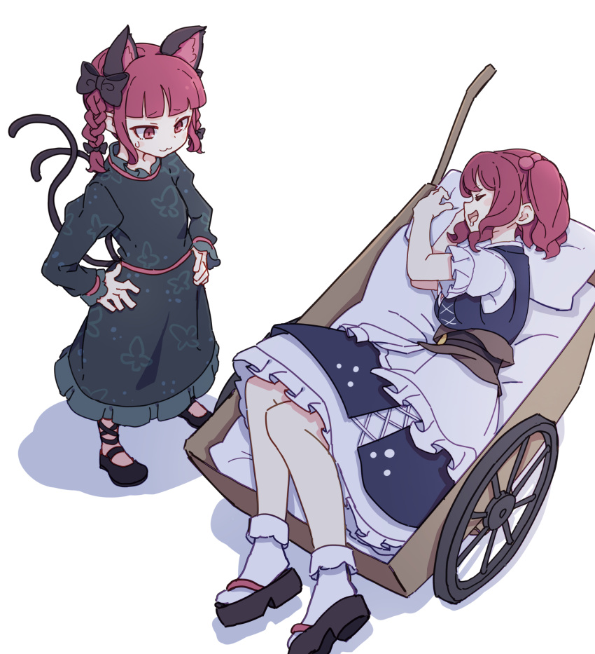 2girls :d animal_ear_fluff animal_ears black_footwear blue_dress blunt_bangs bobby_socks breasts cat_ears cat_tail commentary_request dress drooling from_above full_body green_dress hair_bobbles hair_ornament hands_on_own_hips highres kaenbyou_rin kame_(kamepan44231) long_sleeves looking_at_another mary_janes medium_breasts mouth_drool multiple_girls multiple_tails nekomata no_socks onozuka_komachi profile red_eyes red_hair shoes sleeping small_breasts smile socks standing tail touhou two_tails wheelbarrow