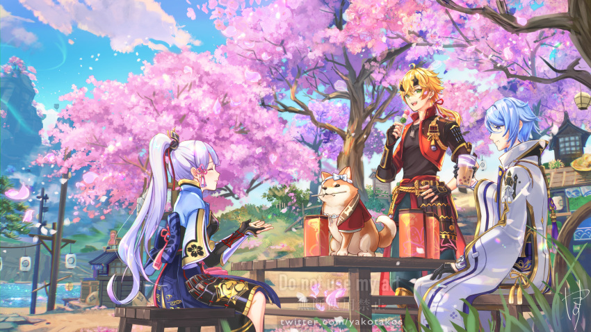 1girl 2boys :d ^_^ aratakosu_(tako's) arm_guards armor artist_name asymmetrical_gloves back_bow bag black_gloves black_shirt blonde_hair blue_bow blue_hair blue_pants blue_skirt blue_sky blunt_bangs blush bow brother_and_sister bubble_tea bush chair cherry_blossoms closed_eyes closed_mouth cloud commentary_request cropped_jacket cup dango day disposable_cup dog dog_tags drinking_straw earrings fake_horns falling_petals fence fingerless_gloves flower_knot food genshin_impact gloves gold_trim grass green_eyes hair_between_eyes hair_ornament hair_ribbon hand_on_own_hip hand_up hands_up headband high_ponytail highres holding holding_cup holding_food horned_headwear horns in-universe_location jacket japanese_armor japanese_clothes jewelry kamisato_ayaka kamisato_ayato kusazuri lantern long_hair long_sleeves looking_at_another mole mole_under_mouth mountain mouth_hold multiple_boys omikuji open_clothes open_jacket open_mouth outdoors pants paper_lantern partially_fingerless_gloves petals purple_eyes red_jacket red_ribbon ribbon rock rope sand sanshoku_dango shiba_inu shirt short_hair shrine siblings sidelocks sign signature sitting skirt sky smile standing stud_earrings table taroumaru_(genshin_impact) tassel teeth thoma_(genshin_impact) tree uneven_gloves upper_teeth_only very_long_hair wagashi water watermark web_address white_bow white_jacket white_pants wide_sleeves wooden_chair wooden_lantern wooden_table