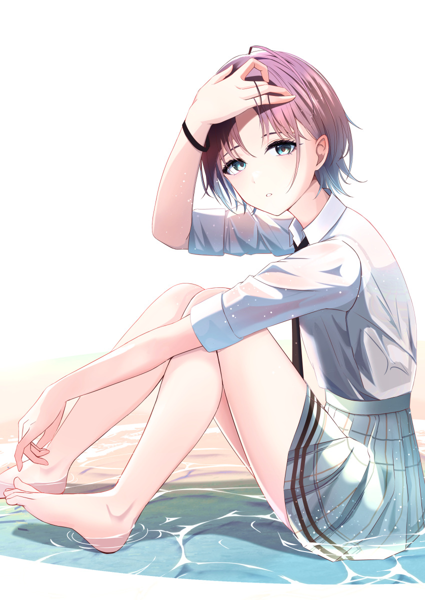 1girl absurdres asakura_toru barefoot black_necktie blue_eyes blue_hair bracelet collared_shirt commentary gradient_hair grey_skirt highres idolmaster idolmaster_shiny_colors jewelry knees_up looking_at_viewer multicolored_hair necktie parted_bangs parted_lips partially_submerged plaid plaid_skirt pleated_skirt purple_hair school_uniform shirt short_hair sikimosh simple_background sitting skirt solo water wet wet_clothes white_background white_shirt
