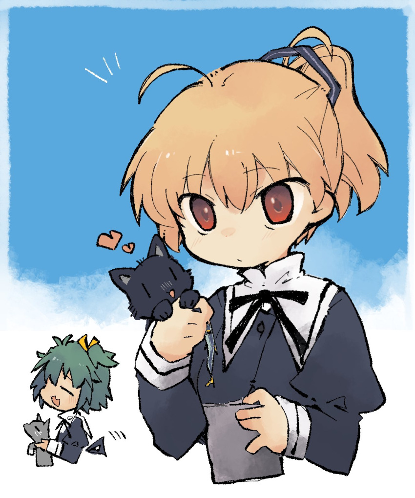 2girls =_= ahoge andou_tazusa animal antenna_hair assault_lily bag black_cat black_ribbon blonde_hair blue_sky buttons cat chibi chibi_inset closed_mouth cloud commentary_request cropped_jacket cropped_torso day fang fish food green_hair grey_cat hair_ribbon hands_up high_ponytail highres holding holding_animal holding_bag holding_cat holding_fish holding_food juliet_sleeves light_blush long_sleeves looking_at_animal motion_lines multiple_girls neck_ribbon open_mouth outdoors profile puffy_sleeves red_eyes ribbon sardine school_uniform short_hair skin_fang sky smile striped striped_ribbon toyo_(sameden46) yellow_ribbon yoshimura_thi_mai yurigaoka_girls_academy_school_uniform |_|