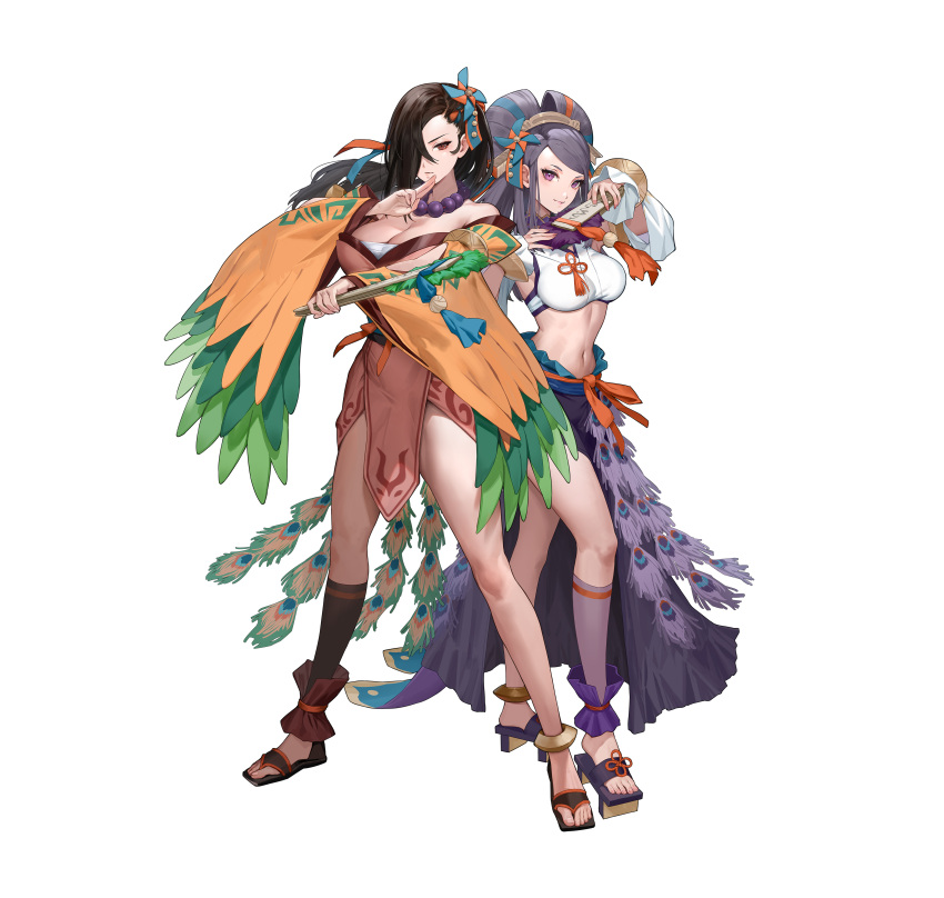 2girls absurdres bead_necklace beads breasts brown_eyes brown_hair cleavage commentary_request ekao feet fire_emblem fire_emblem_fates fire_emblem_heroes hand_up highres jewelry kagero_(fire_emblem) kagero_(winds_offered)_(fire_emblem) large_breasts legs looking_at_viewer midriff multiple_girls necklace official_alternate_costume official_art orochi_(fire_emblem) orochi_(winds_offered)_(fire_emblem) pelvic_curtain pinwheel_hair_ornament purple_eyes purple_hair sandals smile toenails toes white_background