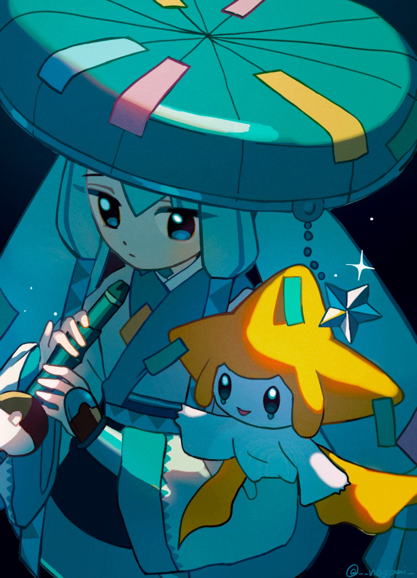 1girl aqua_headwear black_background blue_eyes blue_hair closed_mouth hat hatsune_miku highres holding holding_flute holding_instrument instrument japanese_clothes jirachi kimono long_sleeves looking_at_viewer nagomi_(_nagomi_) poke_flute pokemon pokemon_(creature) project_voltage sandogasa simple_background solo sparkle star_(symbol) steel_miku_(project_voltage) tanzaku twintails twitter_username vocaloid wide_sleeves