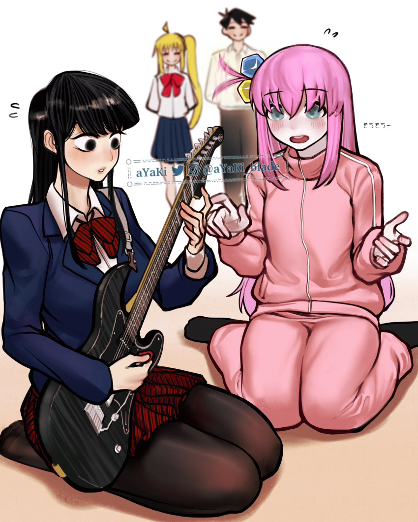 1boy 3girls ayaki_d black_hair black_pantyhose blazer bocchi_the_rock! breasts crossover cube_hair_ornament electric_guitar flying_sweatdrops gotoh_hitori guitar hair_ornament hair_wagging highres holding holding_plectrum ijichi_nijika instrument jacket komi-san_wa_komyushou_desu komi_shouko large_breasts looking_at_another multiple_girls music one_side_up pants pantyhose pink_hair pink_jacket pink_pants playing_instrument plectrum red_skirt school_uniform seiza sidelocks sitting skirt tadano_hitohito track_jacket track_pants wariza