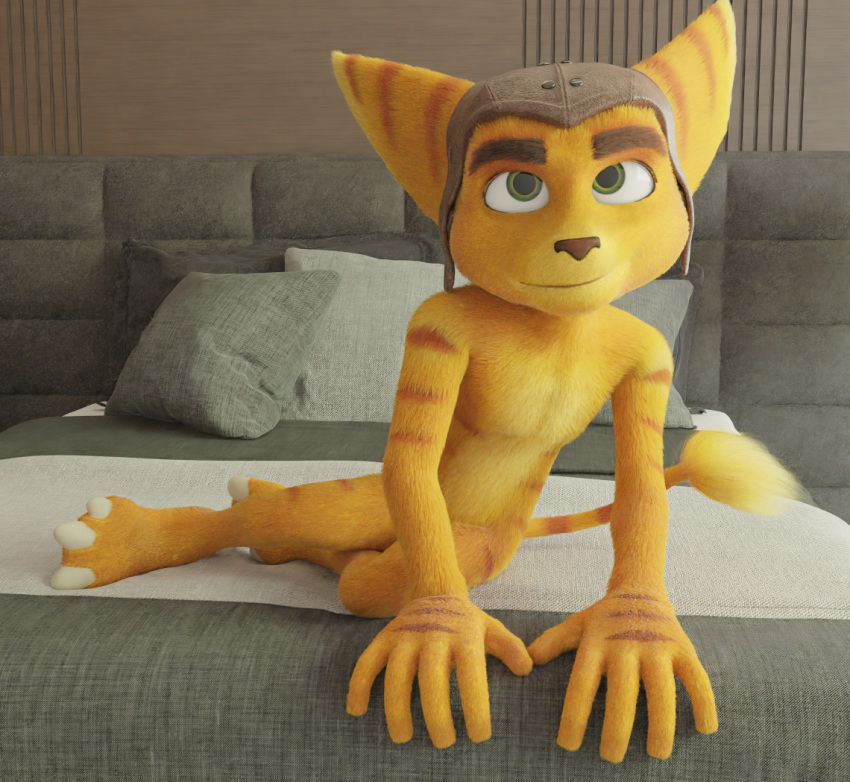 3d_(artwork) anthro bed big_ears blender_(software) claws clothing digital_media_(artwork) feet fur furniture green_eyes hat headgear headwear light_belly lombax looking_at_viewer lying male mammal markings mostly_nude naturally_censored on_bed on_model ratchet ratchet_and_clank ring_(marking) ringtail rockyrcoon smile solo sony_corporation sony_interactive_entertainment stripes tail tail_markings tail_tuft toe_claws tuft yellow_body yellow_fur