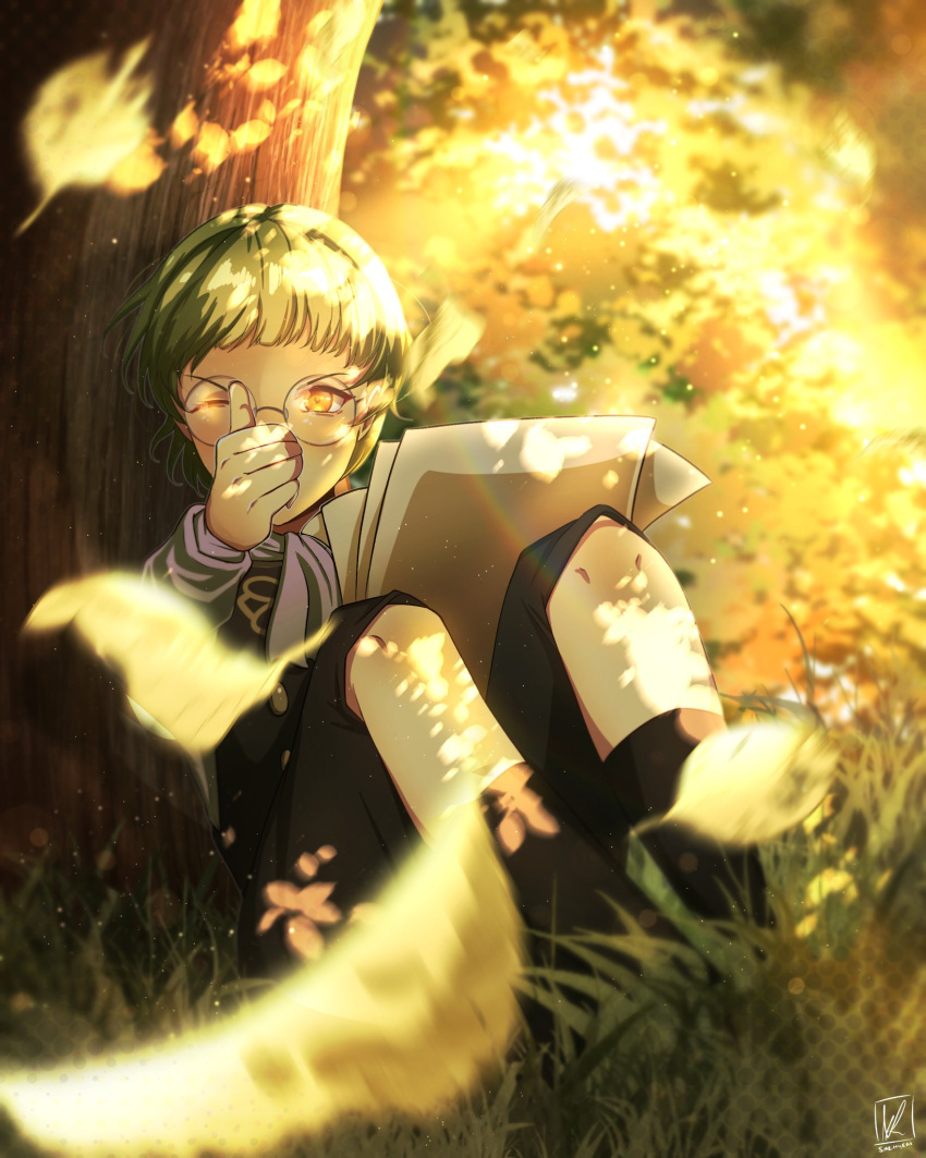 artist_painter autumn_leaves black_socks blunt_bangs fire_emblem fire_emblem:_three_houses glasses grass green_hair highres ignatz_victor paper shorts sitting smkittykat socks solo thumbs_up tree