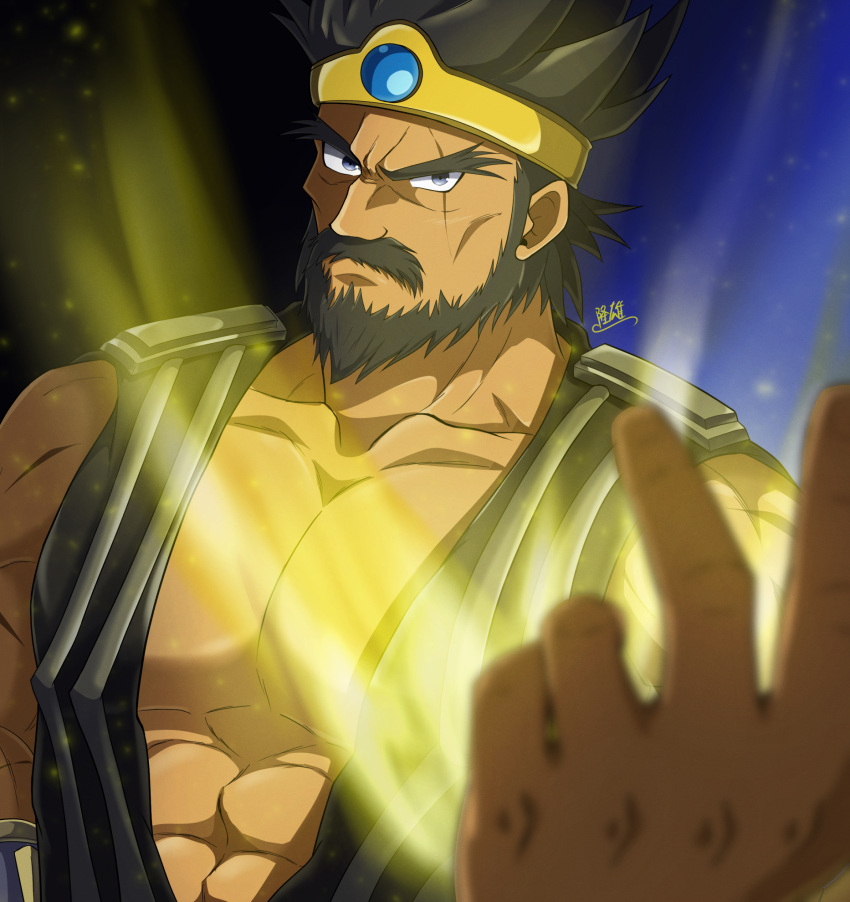 1boy abs bara bare_shoulders character_request collarbone crown dark-skinned_male dark_skin dragon_quest dragon_quest_iii forked_eyebrows frown highres king large_pectorals looking_at_viewer male_focus mature_male outstretched_hand pectoral_cleavage pectorals photokinesis reaching reaching_towards_viewer short_hair solo thick_beard thick_eyebrows thick_mustache upper_body zeff_ozaki
