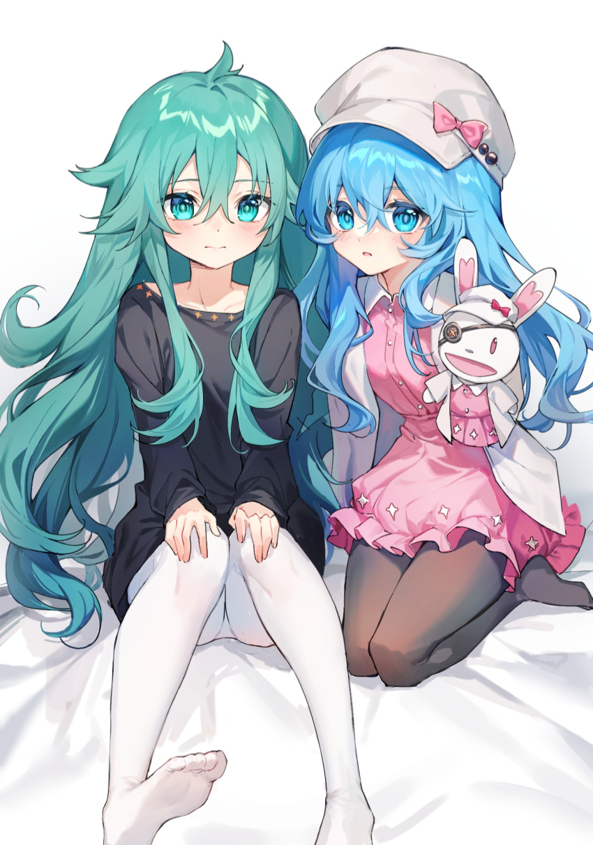 2girls black_shirt blue_eyes blue_hair blush brown_pantyhose date_a_live dress eyepatch green_eyes green_hair grey_headwear hair_between_eyes hand_puppet highres jacket long_hair long_sleeves looking_at_viewer multiple_girls natsumi_(date_a_live) no_shoes open_mouth pantyhose pink_dress puppet shirt soles white_jacket white_pantyhose yoshino_(date_a_live) yoshinon yunweishukuang