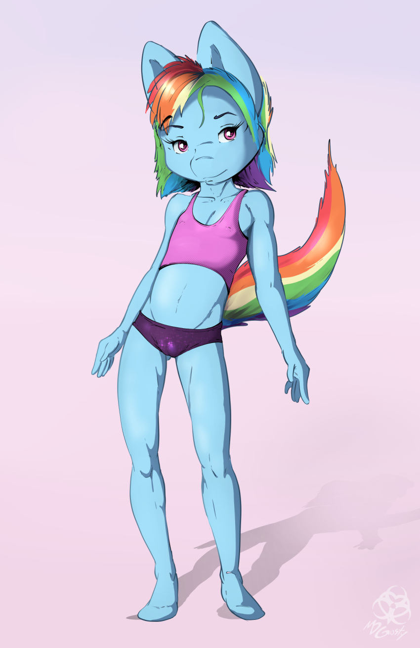 anthro blue_body camel_toe clothed clothing equid equine female flat_chested friendship_is_magic hair hasbro hi_res horse mammal mdgusty multicolored_hair my_little_pony nipple_outline pony rainbow_dash_(mlp) rainbow_hair smile solo