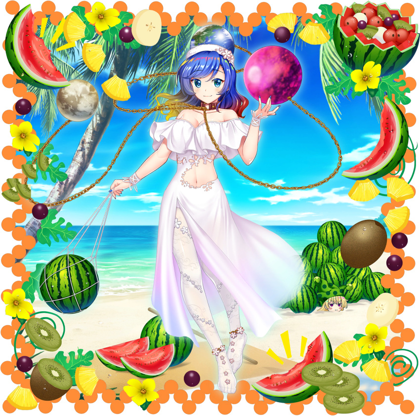 2girls beach blue_hair clownpiece food fruit hecatia_lapislazuli hecatia_lapislazuli_(tropical_goddess) highres multiple_girls non-web_source ocean rotte_(1109) solo_focus summer touhou touhou_lost_word watermelon