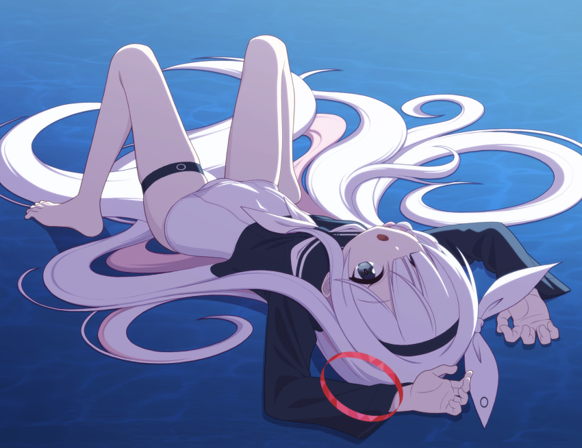 1girl :o a.r.o.n.a_(blue_archive) absurdly_long_hair alternate_color_school_swimsuit arms_up barefoot black_eyes black_hairband black_sailor_collar black_shirt blue_archive blunt_bangs colored_inner_hair commentary commentary_request hair_over_one_eye hair_ribbon hairband highres knees_up long_hair long_sleeves looking_at_viewer lying multicolored_hair neckerchief old_school_swimsuit on_back one-piece_swimsuit open_mouth pink_hair pink_halo pink_pupils ribbon sailor_collar school_swimsuit school_uniform serafuku shirt sizque solo swimsuit swimsuit_under_clothes thigh_strap two-tone_hair very_long_hair white_hair white_neckerchief white_one-piece_swimsuit white_ribbon wide_sleeves
