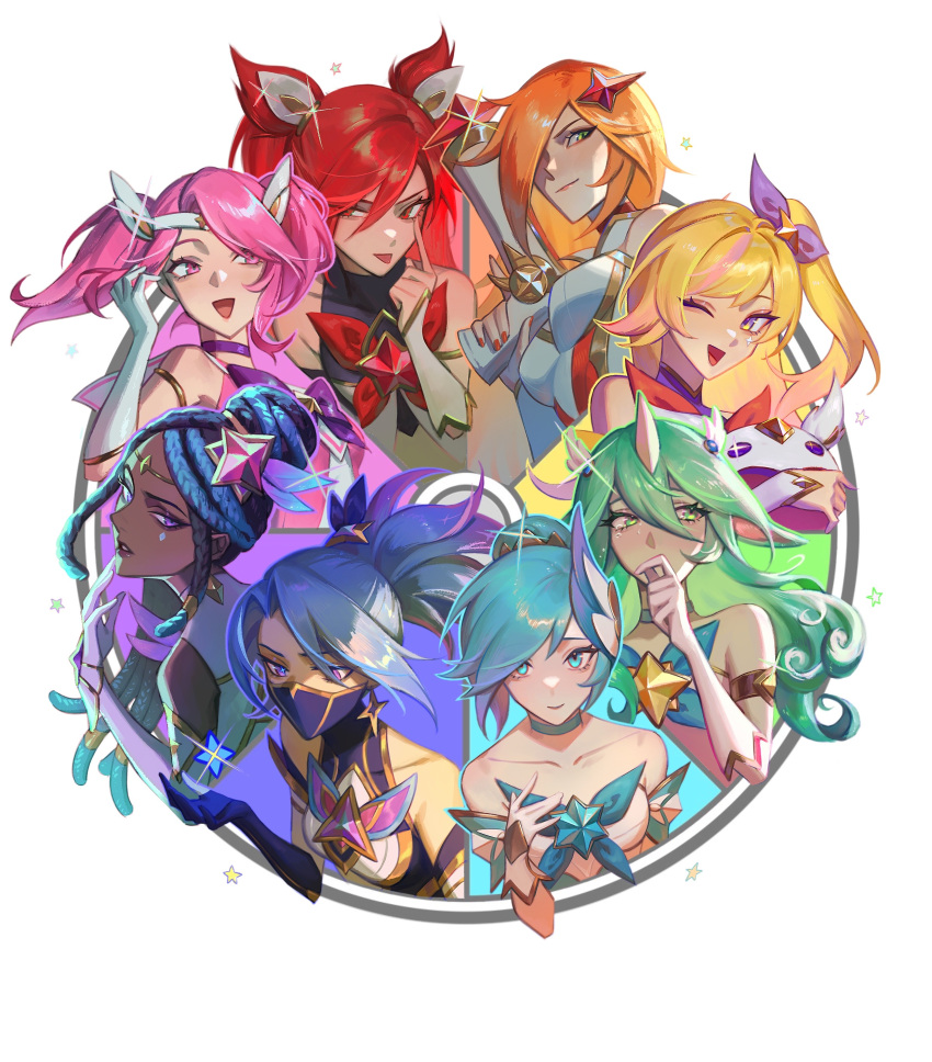 6+girls absurdres black_hair blonde_hair blue_eyes blue_hair breasts choker collarbone color_wheel_challenge commentary elbow_gloves english_commentary gloves green_eyes green_hair hair_between_eyes hair_bun hair_over_one_eye highres horns jinx_(league_of_legends) kgynh league_of_legends long_hair lux_(league_of_legends) magical_girl medium_breasts multiple_girls one_eye_closed open_mouth orange_hair pink_eyes pink_hair ponytail purple_eyes red_eyes red_hair seraphine_(league_of_legends) single_horn soraka_(league_of_legends) star_guardian_(league_of_legends) star_guardian_jinx star_guardian_lux star_guardian_seraphine star_guardian_soraka teeth tongue tongue_out twintails yellow_eyes