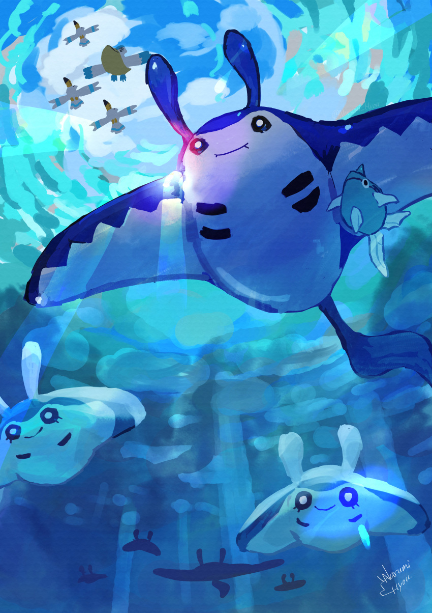 absurdres animal_focus black_eyes bright_pupils eyelashes from_below highres mantine mantyke narumi_hyou no_humans ocean pelipper pokemon remoraid signature smile sunlight swimming underwater white_pupils wingull