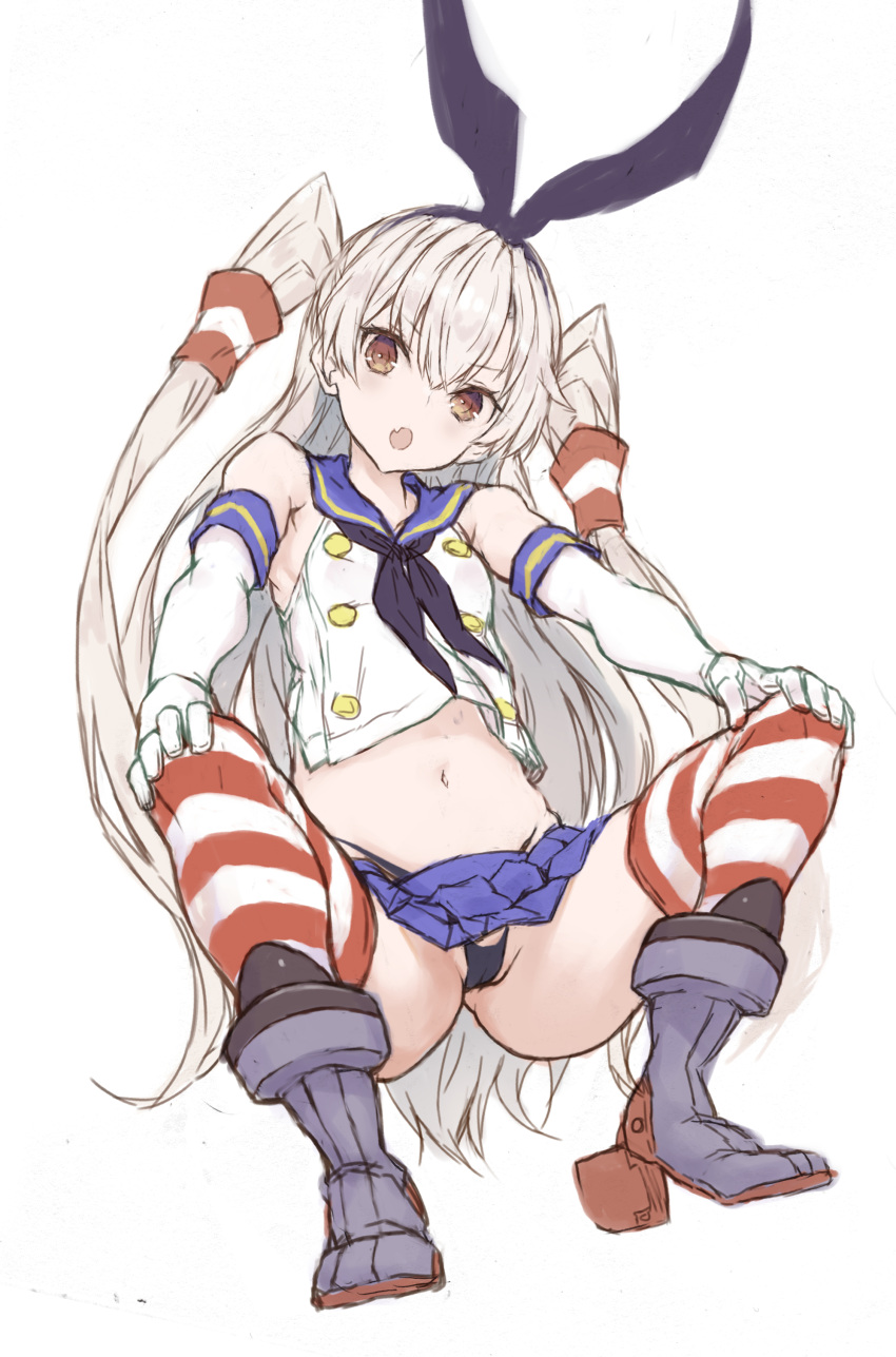 1girl absurdres amatsukaze_(kancolle) animal_ears ass bare_shoulders black_hairband black_neckerchief black_panties blonde_hair blush boots breasts buttons cosplay crop_top double-breasted elbow_gloves fake_animal_ears fang full_body gloves groin hairband hands_on_own_knees head_tilt high_heels highleg highleg_panties highres kantai_collection leaning_back legs looking_at_viewer midriff miniskirt navel neckerchief orange_eyes panties pleated_skirt rabbit_ears rudder_footwear ryo_(tg290) sailor_collar school_uniform serafuku shimakaze_(kancolle) shimakaze_(kancolle)_(cosplay) simple_background skindentation skirt sleeveless small_breasts solo spread_legs squatting striped striped_thighhighs thighhighs thighs two_side_up underwear upskirt white_background white_gloves white_hair white_serafuku yellow_eyes