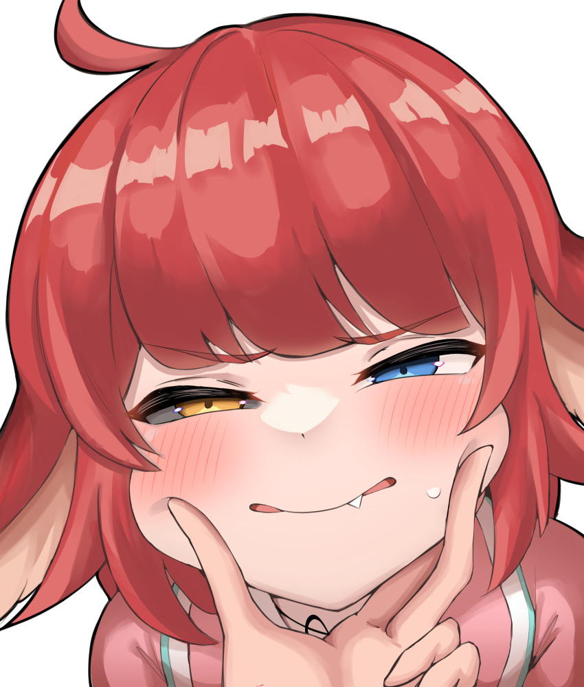 1girl 1other absurdres ahoge animal_ears blue_eyes blush cheek_squash colored_sclera fang grey_sclera hand_on_another's_cheek hand_on_another's_face heterochromia highres kaling kel_(pixiv77786190) looking_at_viewer maplestory mismatched_sclera red_hair short_hair solo solo_focus squinting yellow_eyes